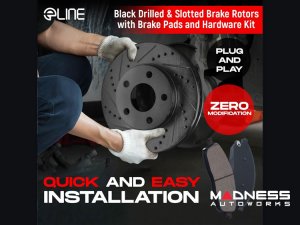smart fortwo Brake Kit - 453 - Front - R1 Concepts - Optimum OEp Brake Pads - eLINE Black Drilled + Slotted Rotors